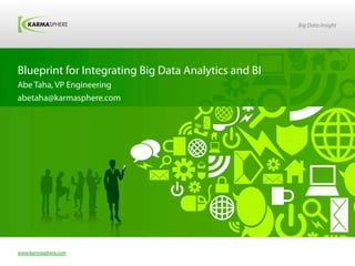 Big Data Insight




Blueprint for Integrating Big Data Analytics and BI
Abe Taha, VP Engineering
abetaha@karmasphere.com




www.karmasphere.com
 