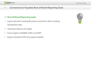 Big Data Insight


>      Cornerstone 6: Populate Best-of-Breed Reporting Tools



ü  Best-Of-Breed Reporting tools
•  Ingest data from existing BI systems and ad hoc data including
     Spreadsheet data

•  Automate delivery of insights

•  Push insights to RDBMS, EDW’s and MPP

•  Expose standards APIs for programmability
 