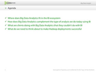 Big Data Insight


>  Agenda



ü  Where does Big Data Analytics fit in the BI ecosystem
ü  How does Big Data Analytics complement the type of analysis we do today using BI
ü  What are clients doing with Big Data Analytics that they couldn’t do with BI
ü  What do we need to think about to make Hadoop deployments successful




2                                                Karmasphere Proprietary and Confidential. Do Not Copy. Do Not Distribute
 