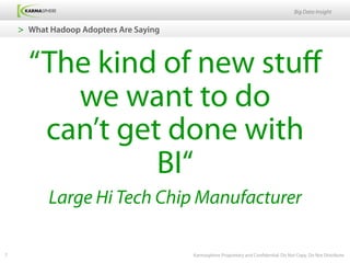 Big Data Insight


    >  What Hadoop Adopters Are Saying



      “The kind of new stuﬀ
         we want to do
       can’t get done with
                BI“
           Large Hi Tech Chip Manufacturer

7                                        Karmasphere Proprietary and Confidential. Do Not Copy. Do Not Distribute
 