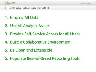 Big Data Insight


>  How to make Hadoop successful with BI



1.  Employ All Data
2.  Use All Analytic Assets
3.  Provide Self-Service Access for All Users
4.  Build a Collaborative Environment
5.  Be Open and Extensible
6.  Populate Best-of-Breed Reporting Tools
 