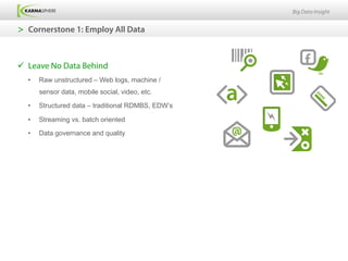 Big Data Insight


>  Cornerstone 1: Employ All Data



ü  Leave No Data Behind
  •    Raw unstructured – Web logs, machine /
       sensor data, mobile social, video, etc.

  •    Structured data – traditional RDMBS, EDW’s

  •    Streaming vs. batch oriented

  •    Data governance and quality
 