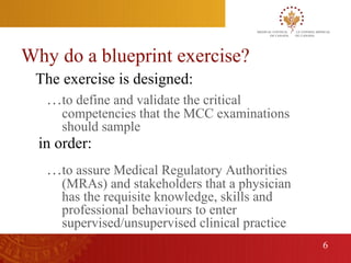Why do a blueprint exercise?
     The exercise is designed:
      …to define and validate the critical
         competencies that the MCC examinations
         should sample
      in order:
       …to assure Medical Regulatory Authorities
         (MRAs) and stakeholders that a physician
         has the requisite knowledge, skills and
         professional behaviours to enter
         supervised/unsupervised clinical practice
                                                     6
6
 