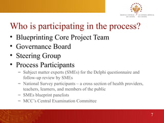 Who is participating in the process?
    •   Blueprinting Core Project Team
    •   Governance Board
    •   Steering Group
    •   Process Participants
        – Subject matter experts (SMEs) for the Delphi questionnaire and
          follow-up review by SMEs
        – National Survey participants – a cross section of health providers,
          teachers, learners, and members of the public
        – SMEs blueprint panelists
        – MCC’s Central Examination Committee


                                                                                7
7
 