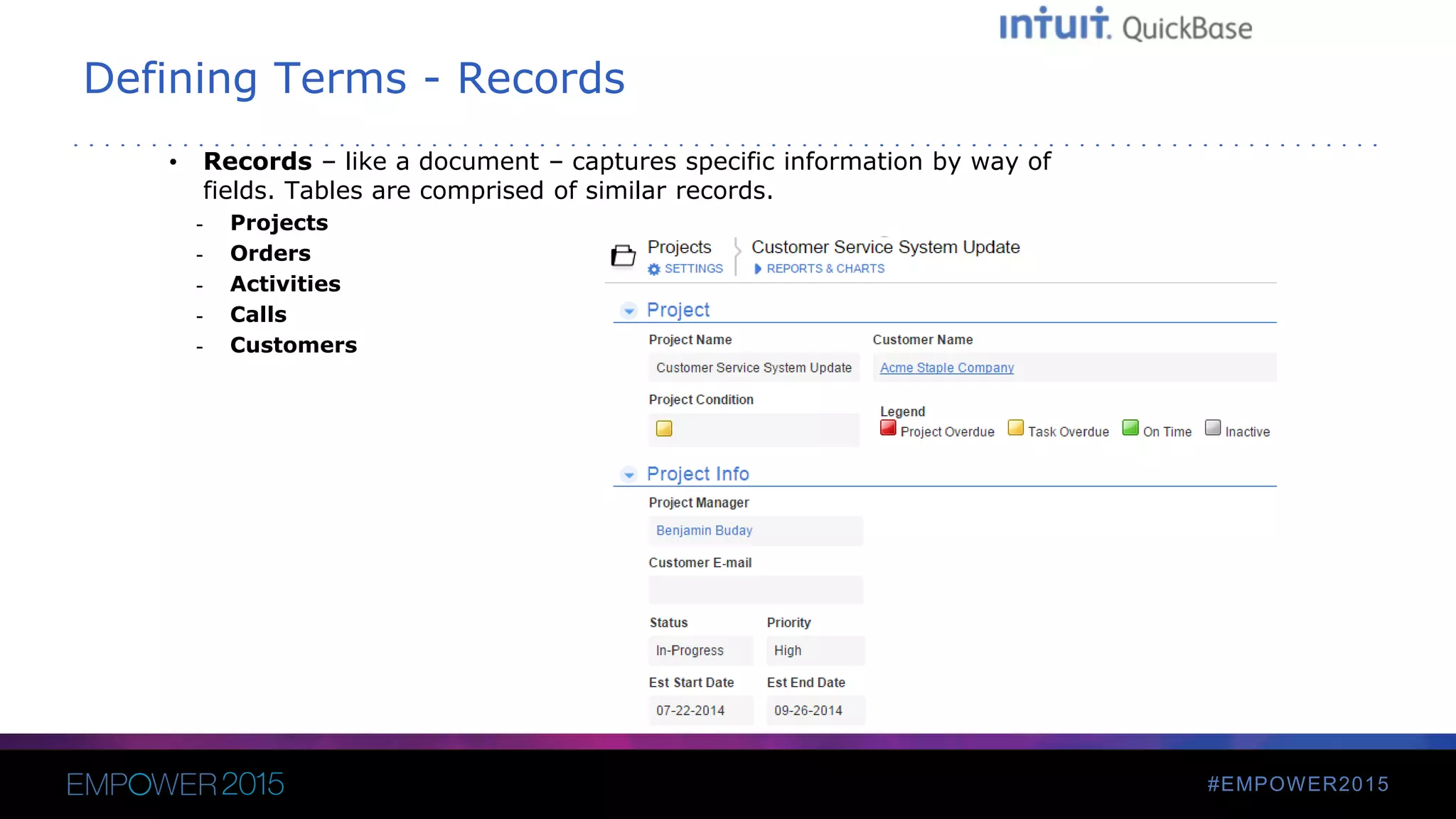 #EMPOWER2015
Defining Terms - Records
• Records – like a document – captures specific information by way of
fields. Tables are comprised of similar records.
- Projects
- Orders
- Activities
- Calls
- Customers
 