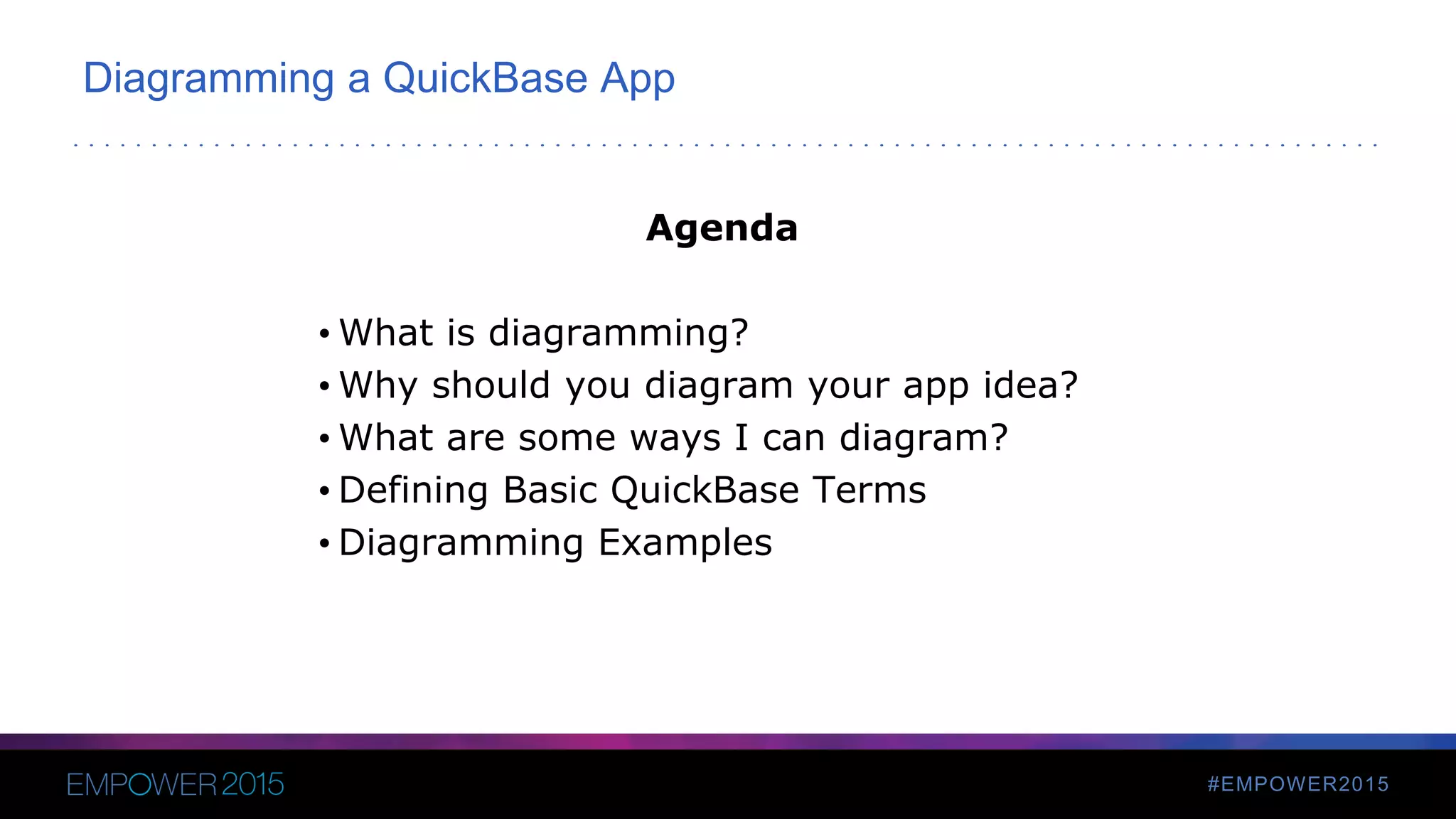 #EMPOWER2015
Diagramming a QuickBase App
Agenda
• What is diagramming?
• Why should you diagram your app idea?
• What are some ways I can diagram?
• Defining Basic QuickBase Terms
• Diagramming Examples
 