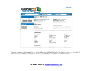 If you don't happen to find a supplier in the Dropship Blueprint database listing then don't worry as there are a number of
other ways to successfully source suppliers. Of course, we will tell you what these are in the main course.




                                  Get the full details at: www.BlueprintProject.com
 
