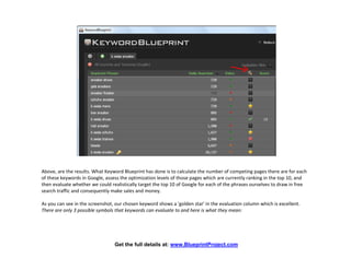 Above, are the results. What Keyword Blueprint has done is to calculate the number of competing pages there are for each
of these keywords in Google, assess the optimization levels of those pages which are currently ranking in the top 10, and
then evaluate whether we could realistically target the top 10 of Google for each of the phrases ourselves to draw in free
search traffic and consequently make sales and money.

As you can see in the screenshot, our chosen keyword shows a 'golden star' in the evaluation column which is excellent.
There are only 3 possible symbols that keywords can evaluate to and here is what they mean:




                                 Get the full details at: www.BlueprintProject.com
 
