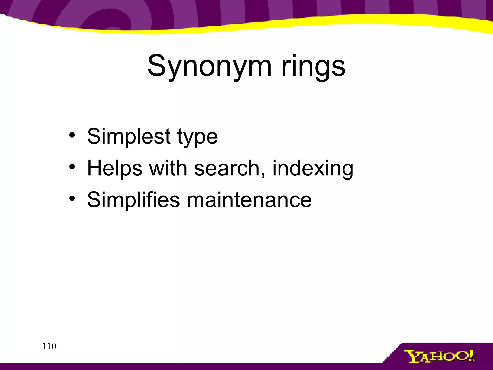 Synonym rings Simplest type Helps with search, indexing Simplifies maintenance 
