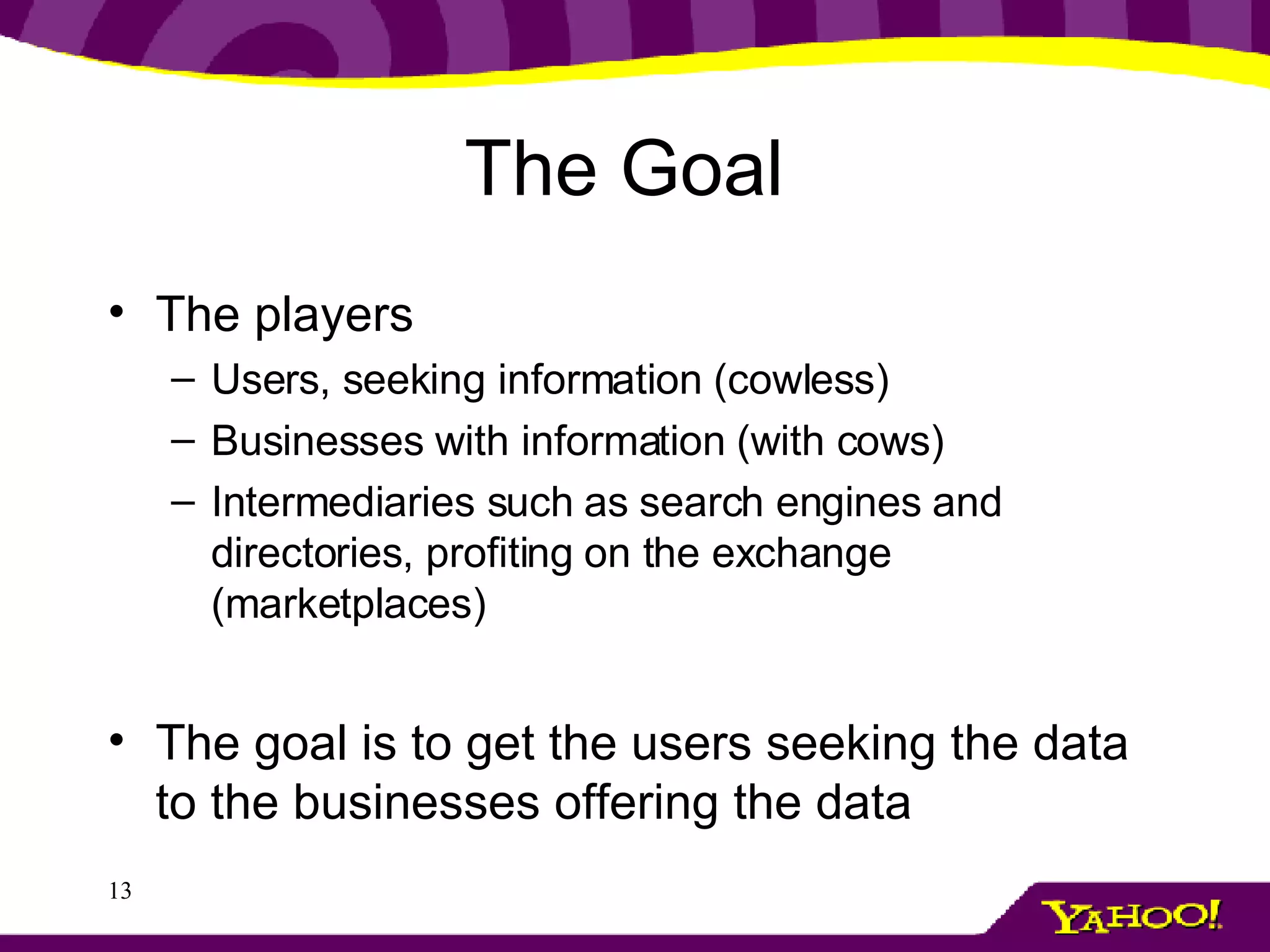 The Goal  The players Users, seeking information (cowless) Businesses with information (with cows) Intermediaries such as search engines and directories, profiting on the exchange (marketplaces) The goal is to get the users seeking the data to the businesses offering the data 