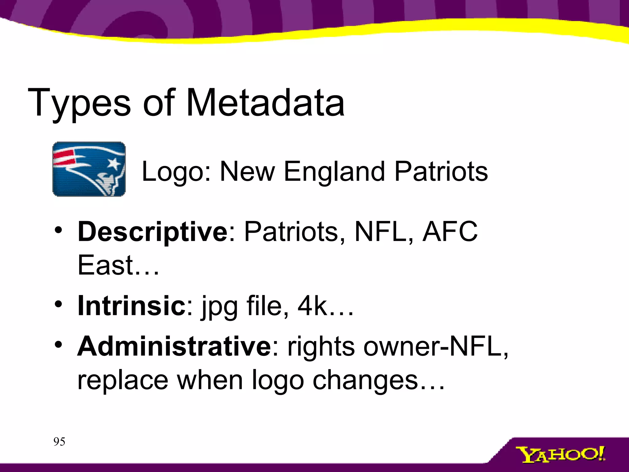 Types of Metadata Descriptive : Patriots, NFL, AFC East…  Intrinsic : jpg file, 4k… Administrative : rights owner-NFL, replace when logo changes…  Logo: New England Patriots 