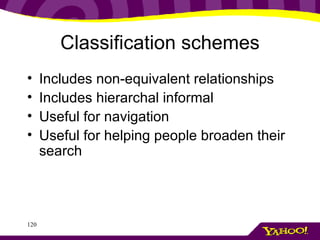 Classification schemes Includes non-equivalent relationships Includes hierarchal informal Useful for navigation Useful for helping people broaden their search 