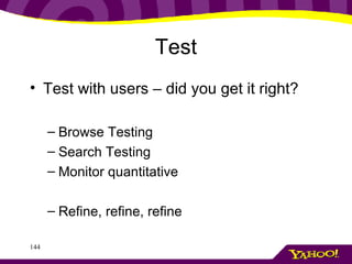 Test Test with users – did you get it right? Browse Testing Search Testing Monitor quantitative Refine, refine, refine 
