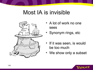 Most IA is invisible A lot of work no one sees Synonym rings, etc If it was seen, is would be too much We show only a subset 