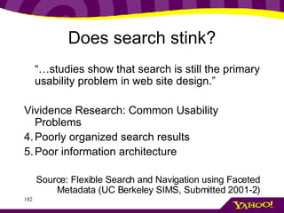 Does search stink? “… studies show that search is still the primary usability problem in web site design.” Vividence Research: Common Usability Problems Poorly organized search results Poor information architecture Source: Flexible Search and Navigation using Faceted Metadata (UC Berkeley SIMS, Submitted 2001-2) 