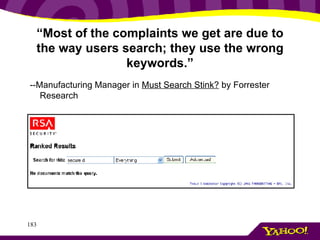 “ Most of the complaints we get are due to the way users search; they use the wrong keywords.” --Manufacturing Manager in  Must Search Stink?  by Forrester Research 
