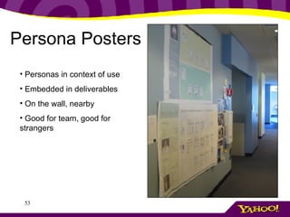 Persona Posters Personas in context of use Embedded in deliverables On the wall, nearby Good for team, good for strangers 