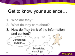 Get to know your audience… Who are they? What do they care about? How do  they  think of the information and content? Conference, division… Schedules, standings… 