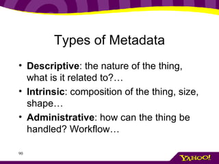 Types of Metadata Descriptive : the nature of the thing, what is it related to?… Intrinsic : composition of the thing, size, shape… Administrative : how can the thing be handled? Workflow… 