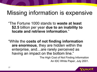 Missing information is expensive <ul><li>“ The Fortune 1000 stands to  waste at least $2.5  billion per year  due to an in...