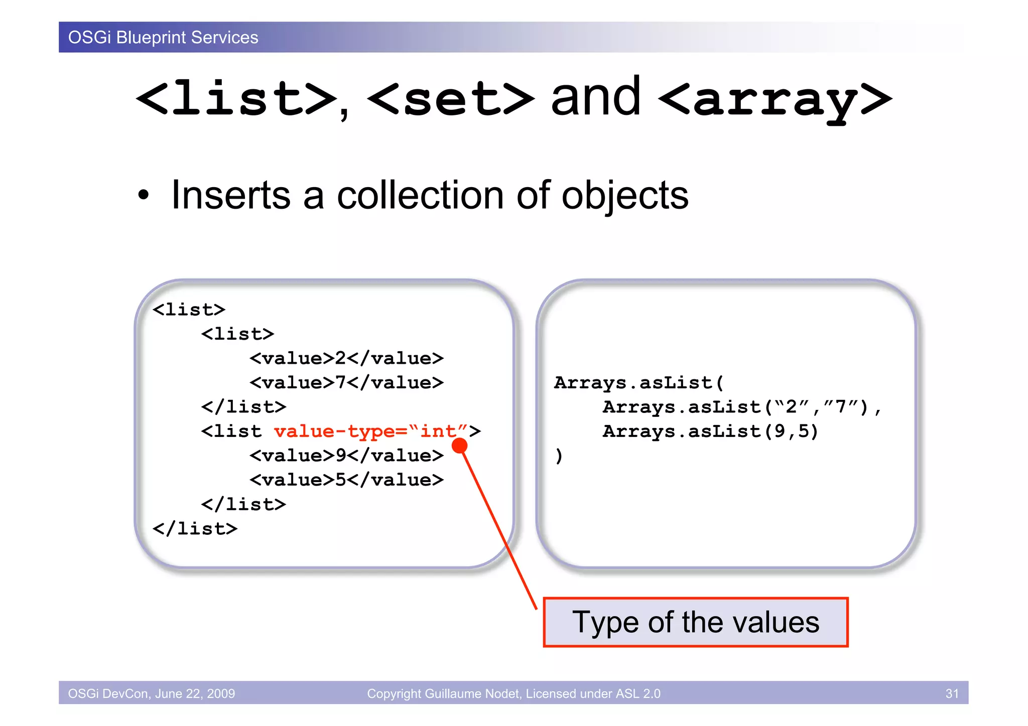 OSGi Blueprint Services



          <list>, <set> and <array>
          • Inserts a collection of objects

             <list>
                 <list>
                     <value>2</value>
                     <value>7</value>                        Arrays.asList(
                 </list>                                         Arrays.asList(“2”,”7”),
                 <list value-type=“int”>                         Arrays.asList(9,5)
                     <value>9</value>                        )
                     <value>5</value>
                 </list>
             </list>



                                                                Type of the values

OSGi DevCon, June 22, 2009    Copyright Guillaume Nodet, Licensed under ASL 2.0            31
 