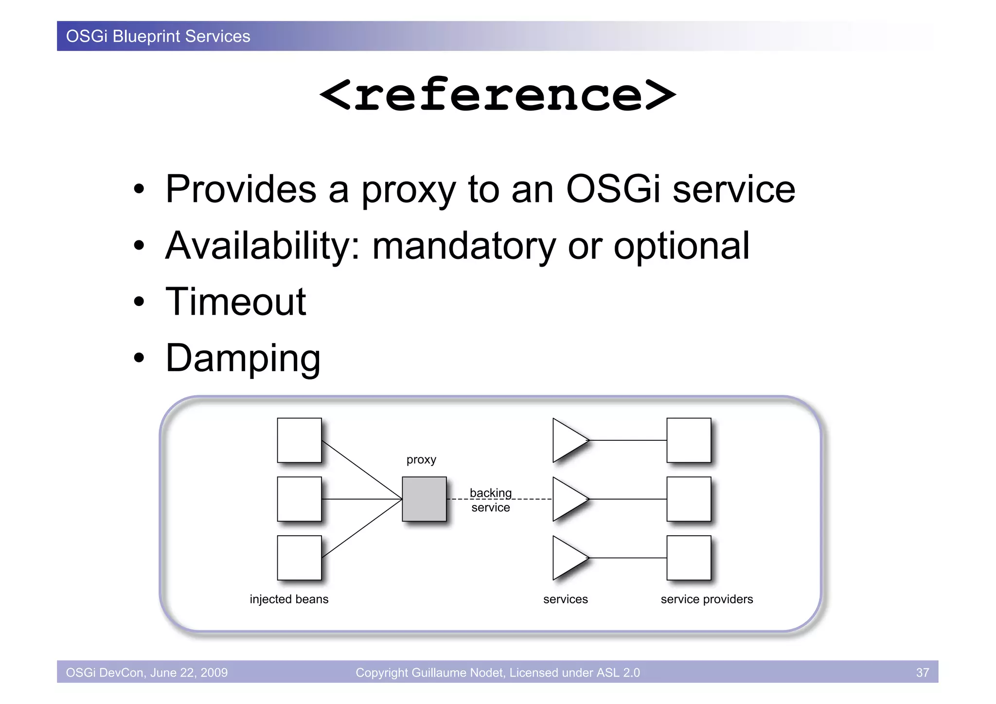 OSGi Blueprint Services


                                         <reference>
          •    Provides a proxy to an OSGi service
          •    Availability: mandatory or optional
          •    Timeout
          •    Damping

                                                      proxy

                                                                 backing
                                                                 service




                             injected beans                                   services            service providers




OSGi DevCon, June 22, 2009                    Copyright Guillaume Nodet, Licensed under ASL 2.0                       37
 