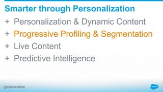+ Personalization & Dynamic Content
+ Progressive Profiling & Segmentation
+ Live Content
+ Predictive Intelligence
Smarter through Personalization
@chadswhite
 