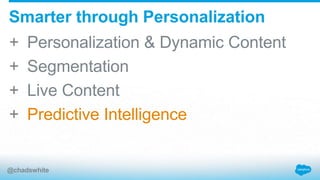 + Personalization & Dynamic Content
+ Segmentation
+ Live Content
+ Predictive Intelligence
Smarter through Personalization
@chadswhite
 