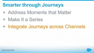 + Address Moments that Matter
+ Make It a Series
+ Integrate Journeys across Channels
Smarter through Journeys
@chadswhite
 