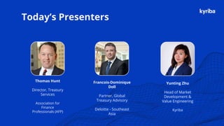 Kyriba.com Copyright © 2019 Kyriba Corp. All rights reserved.
Today’s Presenters
Thomas Hunt
Director, Treasury
Services
Association for
Finance
Professionals (AFP)
Francois-Dominique
Doll
Partner, Global
Treasury Advisory
Deloitte - Southeast
Asia
Yunting Zhu
Head of Market
Development &
Value Engineering
Kyriba
 