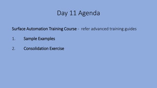 Day 11 Agenda
Surface Automation Training Course - refer advanced training guides
1. Sample Examples
2. Consolidation Exercise
 