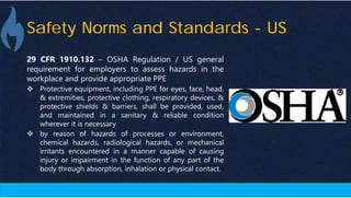 Safety Norms and Standards - US
29 CFR 1910.132 – OSHA Regulation / US general
requirement for employers to assess hazards in the
workplace and provide appropriate PPE
 Protective equipment, including PPE for eyes, face, head,
& extremities, protective clothing, respiratory devices, &
protective shields & barriers, shall be provided, used,
and maintained in a sanitary & reliable condition
wherever it is necessary
 by reason of hazards of processes or environment,
chemical hazards, radiological hazards, or mechanical
irritants encountered in a manner capable of causing
injury or impairment in the function of any part of the
body through absorption, inhalation or physical contact.
 