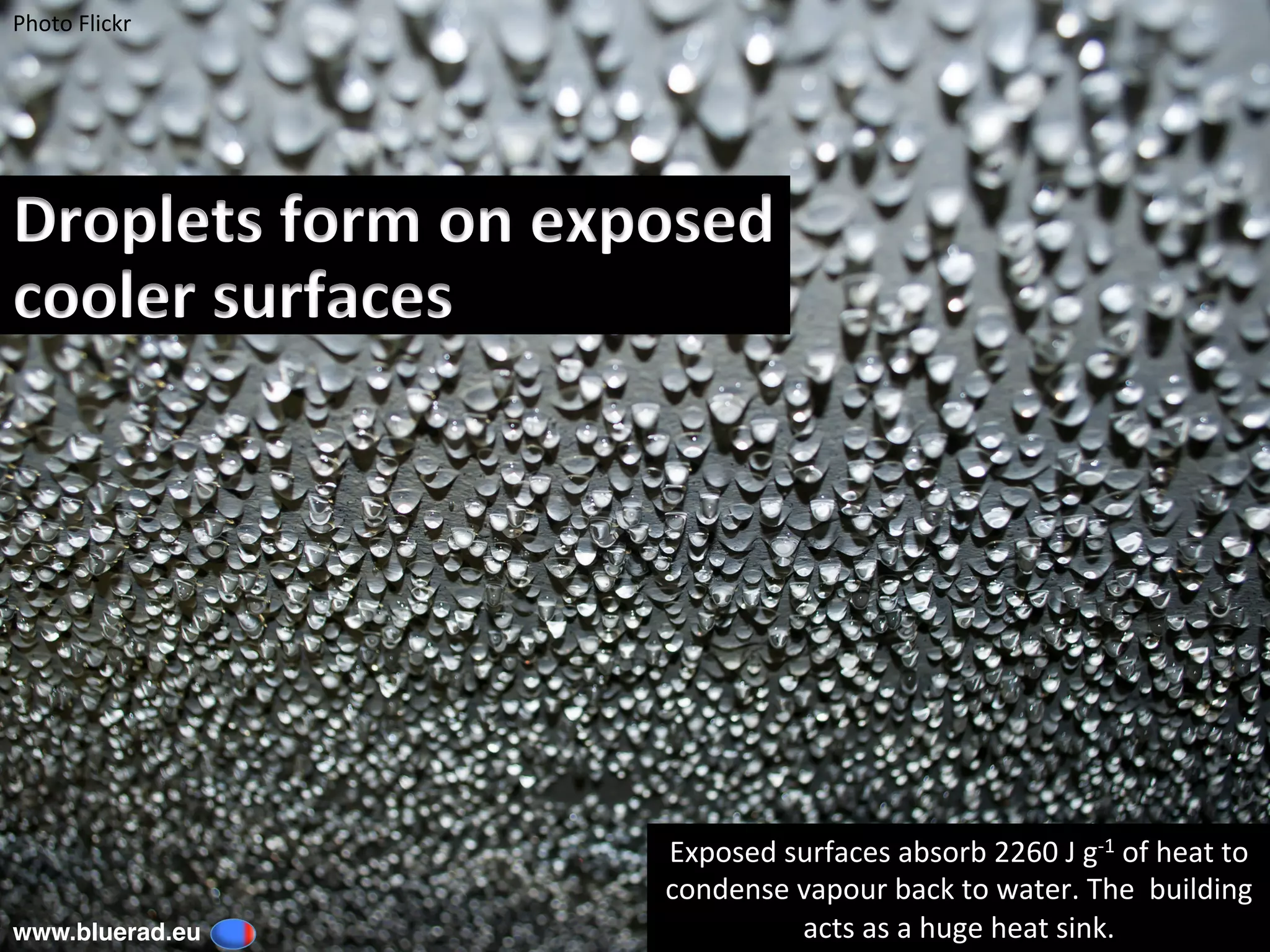 Droplets	form	on	exposed	
cooler	surfaces	
Photo	Flickr	
www.bluerad.eu
	
Exposed	surfaces	absorb	2260	J	g-1	of	heat	to		
condense	vapour	back	to	water.	The		building		
acts	as	a	huge	heat	sink.	
 