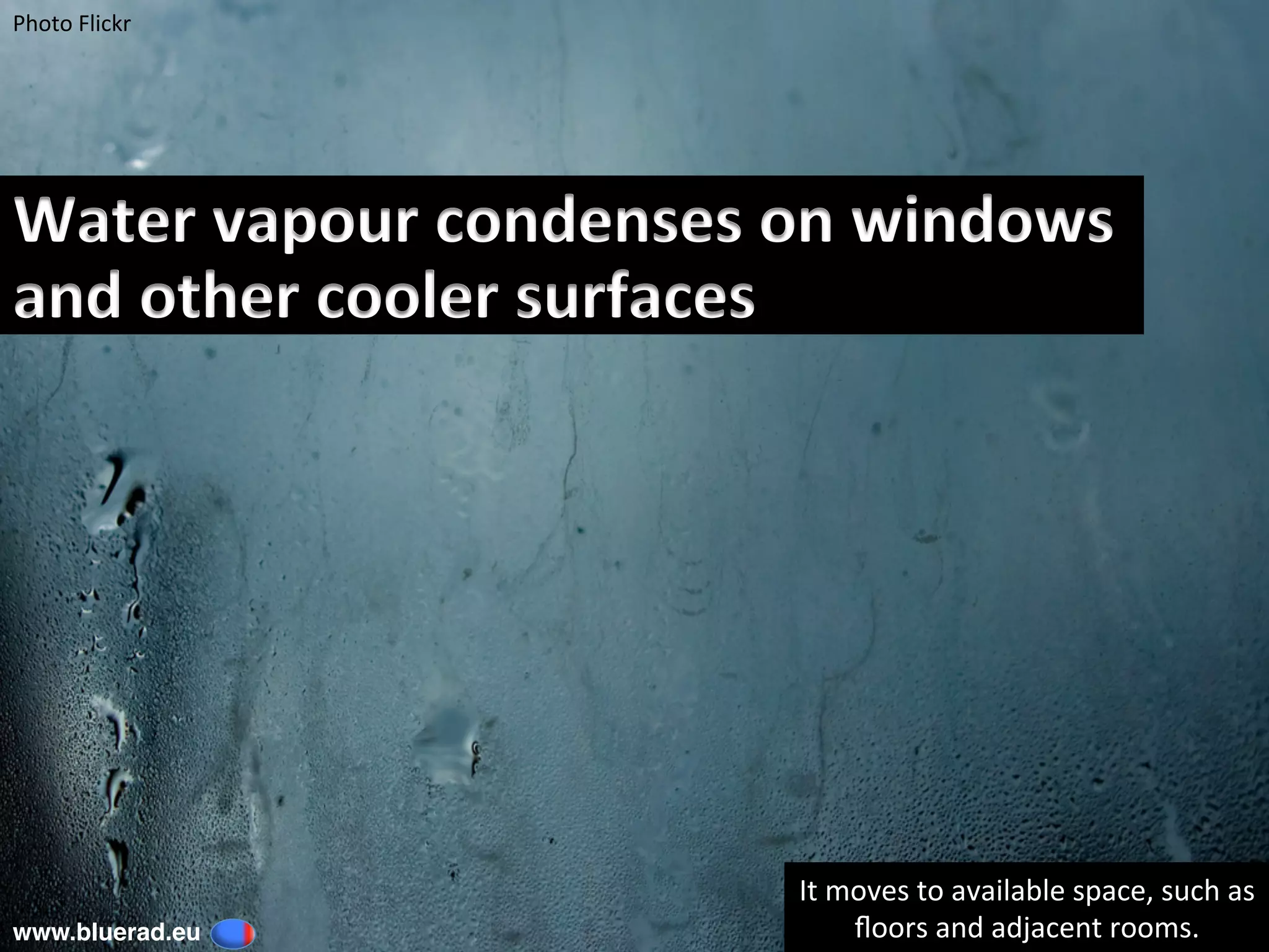 Water	vapour	condenses	on	windows	
and	other	cooler	surfaces		
Photo	Flickr	
www.bluerad.eu
	
It	moves	to	available	space,	such	as		
ﬂoors	and	adjacent	rooms.	
 