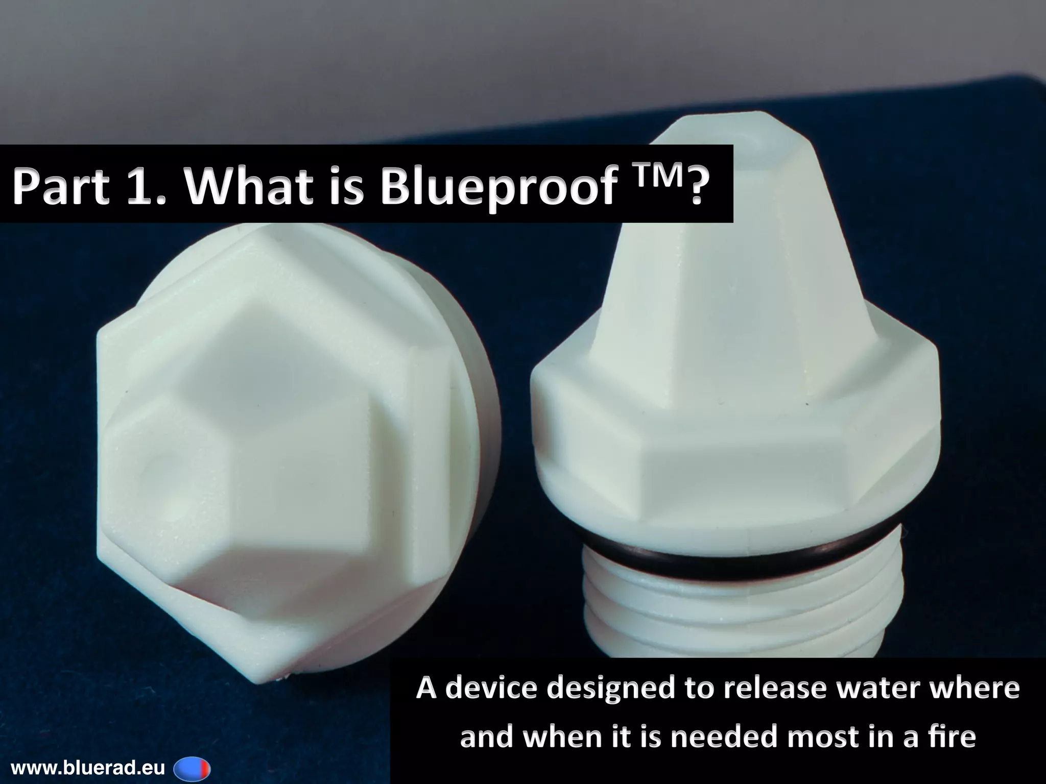 Part	1.	What	is	Blueproof	TM?	
A	device	designed	to	release	water	where		
and	when	it	is	needed	most	in	a	ﬁre	
www.bluerad.eu
	
 