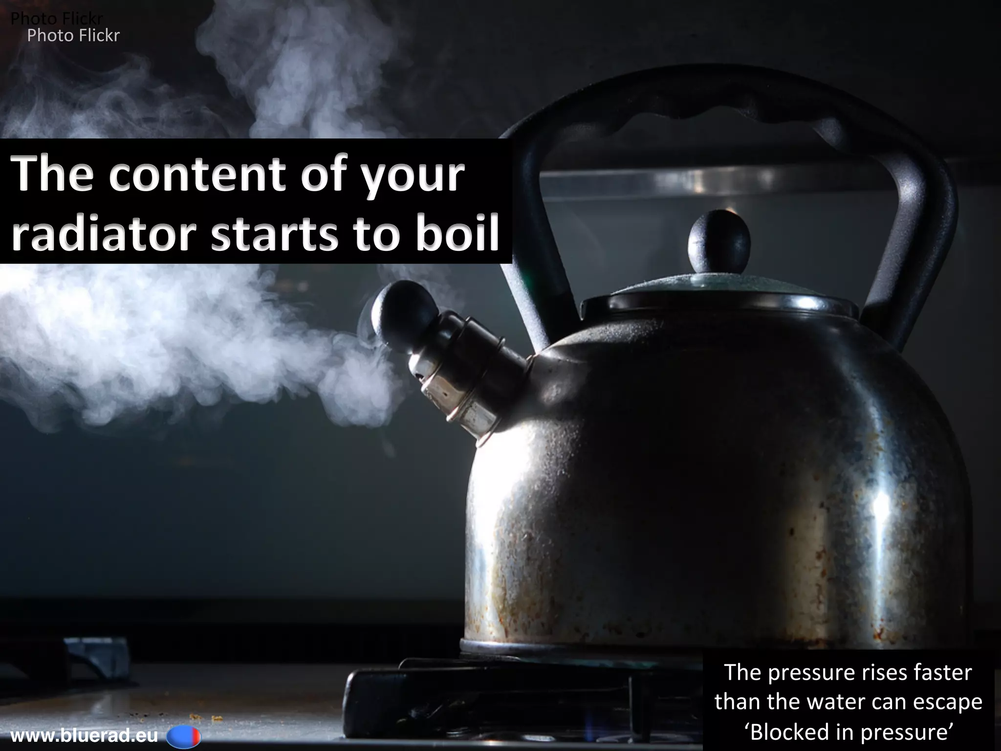 The	content	of	your	
radiator	starts	to	boil	
The	pressure	rises	faster	
than	the	water	can	escape	
‘Blocked	in	pressure’	
Photo	Flickr	
Photo	Flickr	
www.bluerad.eu
	
 
