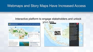 Webmaps and Story Maps Have Increased Access
Interactive platform to engage stakeholders and unlock
your data
 