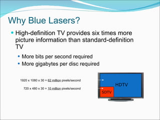 Why Blue Lasers? High-definition TV provides six times more picture information than standard-definition TV More bits per second required More gigabytes per disc required 1920 x 1080 x 30 =  62 million   pixels/second 720 x 480 x 30 =  10 million   pixels/second HDTV SDTV 