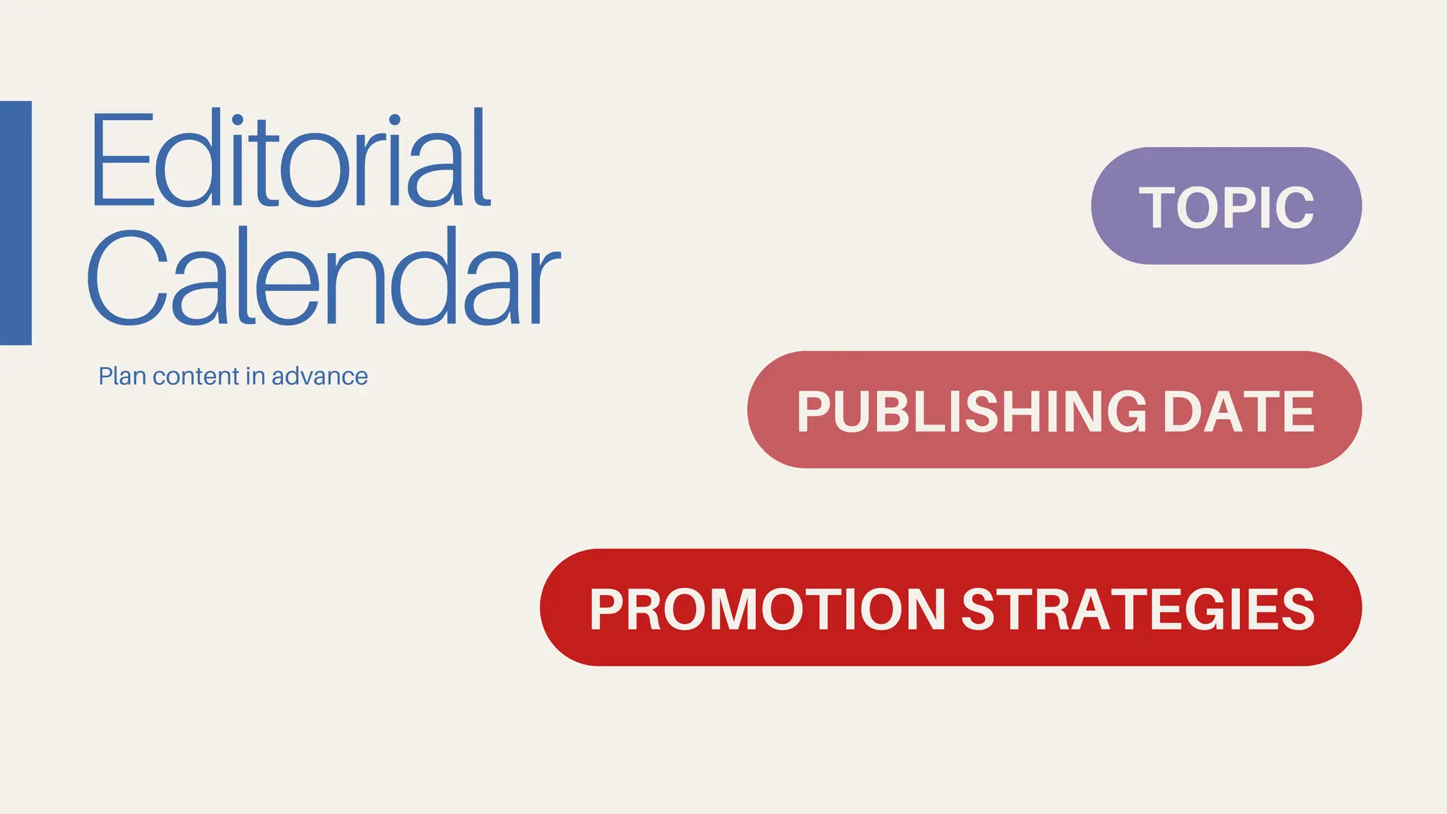 Editorial
Calendar
Plan content in advance
TOPIC
PUBLISHING DATE
PROMOTION STRATEGIES
