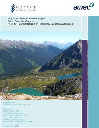 Blue River Tantalum–Niobium Project
    British Columbia, Canada
    NI 43-101 Technical Report on Preliminary Economic Assessment




Prepared for:
Commerce Resources Corporation

Prepared by:
Albert Chong, P.Geo.
Tomasz Postolski, P.Eng.
Ramon Mendoza Reyes, P.Eng.
Tony Lipiec, P.Eng.
Behrang Omidvar, P.Eng.
Effective Date: 29 September 2011

Project No. 162230
 
