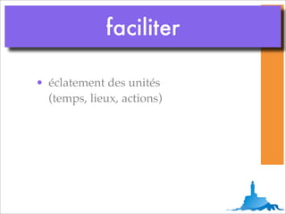 faciliter

• éclatement des unités
  (temps, lieux, actions)
 
