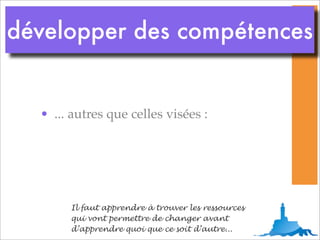 développer des compétences


  • ... autres que celles visées :




       Il faut apprendre à trouver les ressources
       qui vont permettre de changer avant
       d’apprendre quoi que ce soit d’autre...
 