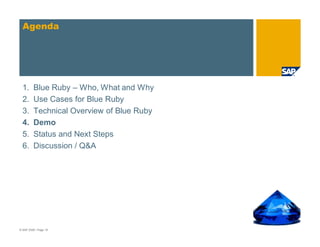 Agenda




  1.     Blue Ruby – Who, What and Why
  2.     Use Cases for Blue Ruby
  3.     Technical Overview of Blue Rub...