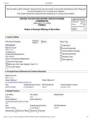 5/30/2014 SEC FORM D
http://www.sec.gov/Archives/edgar/data/1609287/000160928714000001/xslFormDX01/primary_doc.xml 1/5
The Securities and Exchange Commission has not necessarily reviewed the information in this filing and
has not determined if it is accurate and complete.
The reader should not assume that the information is accurate and complete.
UNITED STATES SECURITIES AND EXCHANGE
COMMISSION
Washington, D.C. 20549
FORM D
Notice of Exempt Offering of Securities
OMB APPROVAL
OMB Number: 3235-0076
Expires:
August 31,
2015
Estimated average burden
hours per
response:
4.00
1. Issuer's Identity
CIK (Filer ID Number)
Previous
Names
X None Entity Type
0001609287 Corporation
X Limited Partnership
Limited Liability Company
General Partnership
Business Trust
Other (Specify)
Name of Issuer
BRV V, L.P.
Jurisdiction of
Incorporation/Organization
DELAWARE
Year of Incorporation/Organization
Over Five Years Ago
X Within Last Five Years (Specify Year) 2014
Yet to Be Formed
2. Principal Place of Business and Contact Information
Name of Issuer
BRV V, L.P.
Street Address 1 Street Address 2
545 MIDDLEFIELD ROAD, SUITE 250
City State/Province/Country ZIP/PostalCode Phone Number of Issuer
MENLO PARK CALIFORNIA 94025 650-462-7250
3. Related Persons
Last Name First Name Middle Name
Malloy John
Street Address 1 Street Address 2
545 MIDDLEFIELD ROAD, SUITE
250
City State/Province/Country ZIP/PostalCode
MENLO PARK CALIFORNIA 94025
Relationship: X Executive Officer Director Promoter
 