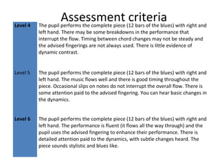 Assessment criteria 
Level 4 The pupil performs the complete piece (12 bars of the blues) with right and 
left hand. There may be some breakdowns in the performance that 
interrupt the flow. Timing between chord changes may not be steady and 
the advised fingerings are not always used. There is little evidence of 
dynamic contrast. 
Level 5 The pupil performs the complete piece (12 bars of the blues) with right and 
left hand. The music flows well and there is good timing throughout the 
piece. Occasional slips on notes do not interrupt the overall flow. There is 
some attention paid to the advised fingering. You can hear basic changes in 
the dynamics. 
Level 6 The pupil performs the complete piece (12 bars of the blues) with right and 
left hand. The performance is fluent (it flows all the way through) and the 
pupil uses the advised fingering to enhance their performance. There is 
detailed attention paid to the dynamics, with subtle changes heard. The 
piece sounds stylistic and blues like. 
 
