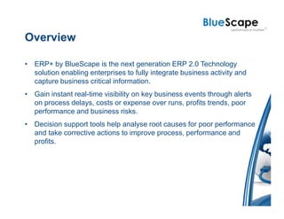 Overview

• ERP+ by BlueScape is the next generation ERP 2.0 Technology
  solution enabling enterprises to fully integrate business activity and
  capture business critical information.
• Gain instant real-time visibility on key business events through alerts
  on process delays, costs or expense over runs, profits trends, poor
  performance and business risks.
• Decision support tools help analyse root causes for poor performance
  and take corrective actions to improve process, performance and
  profits.
 
