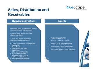 Sales, Distribution and
Receivables
     Overview and Features                                  Benefits


 BlueScape Sales and Distribution solution
 automates order to cash activities.

 Eliminate paper work across sales
 channel operations.

 Analyse and alert on distribution             •   Reduce Paper Work
 operations delays, receivables.               •   Distributor Stock Visibility
 •   Distributor evaluation and registration   •   Avoid Out-of-stock situations
 •   Sales Order
 •   Stock Transfer                            •   Faster and Easier Operations
 •   Sales Invoice and Taxes
 •   Sales Return                              •   Improved Supply Chain Visibility
 •   Cash and Bank Receipts
 •   Accounts Receivables
 •   Distributor Stock Reports
 •   MIS and Analytic Reports
 •   Key Performance Indicators
 