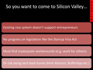 So you want to come to
Silicon Valley…
P
R
O
B
L
E
M
But you are a foreigner!
 