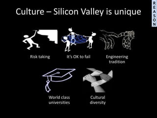 Culture – Silicon Valley is unique
Risk taking It’s OK to fail Engineering
tradition
World class
universities
Cultural
div...