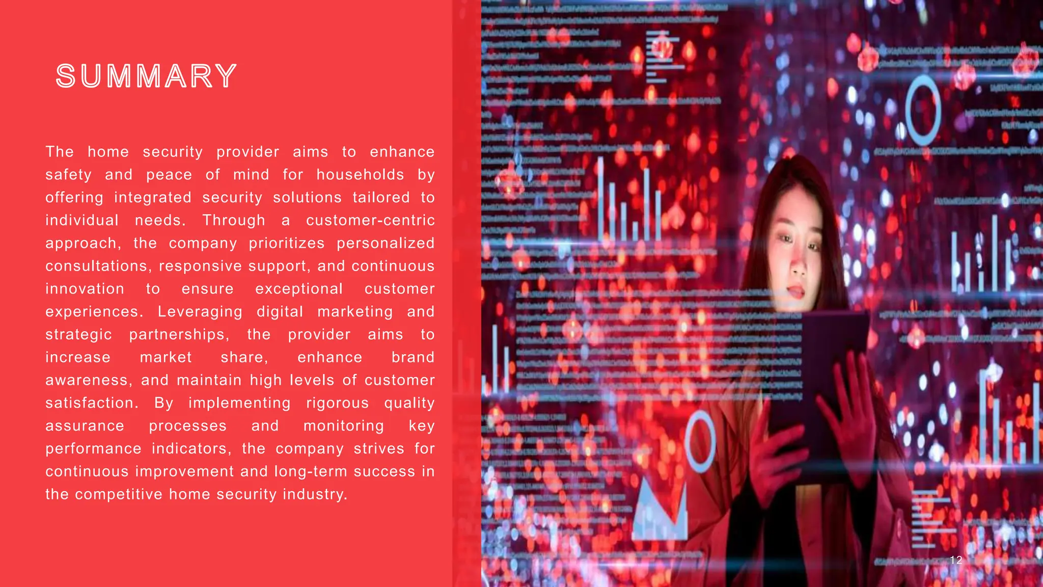 The home security provider aims to enhance
safety and peace of mind for households by
offering integrated security solutions tailored to
individual needs. Through a customer-centric
approach, the company prioritizes personalized
consultations, responsive support, and continuous
innovation to ensure exceptional customer
experiences. Leveraging digital marketing and
strategic partnerships, the provider aims to
increase market share, enhance brand
awareness, and maintain high levels of customer
satisfaction. By implementing rigorous quality
assurance processes and monitoring key
performance indicators, the company strives for
continuous improvement and long-term success in
the competitive home security industry.
12
 